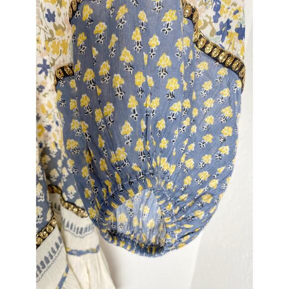 Free People Women's Gardenia Tunic Cream Blue Yellow Embellished Large - Picture 11 of 16